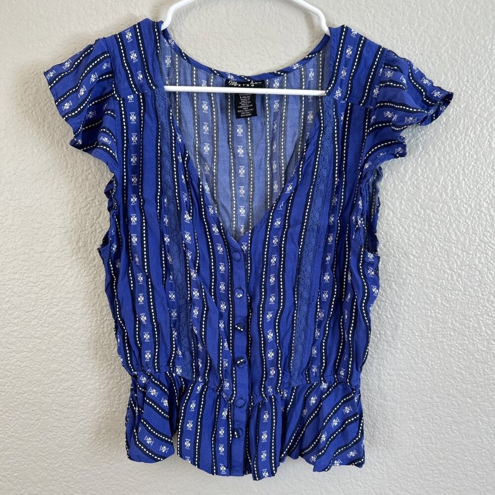 Wrangler Retro‎ Womens Top Large 100% Rayon Blue Black Cool Summery